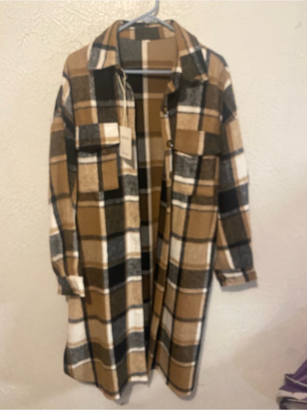 Plaid Long Shacket in Camel, Black & Cream